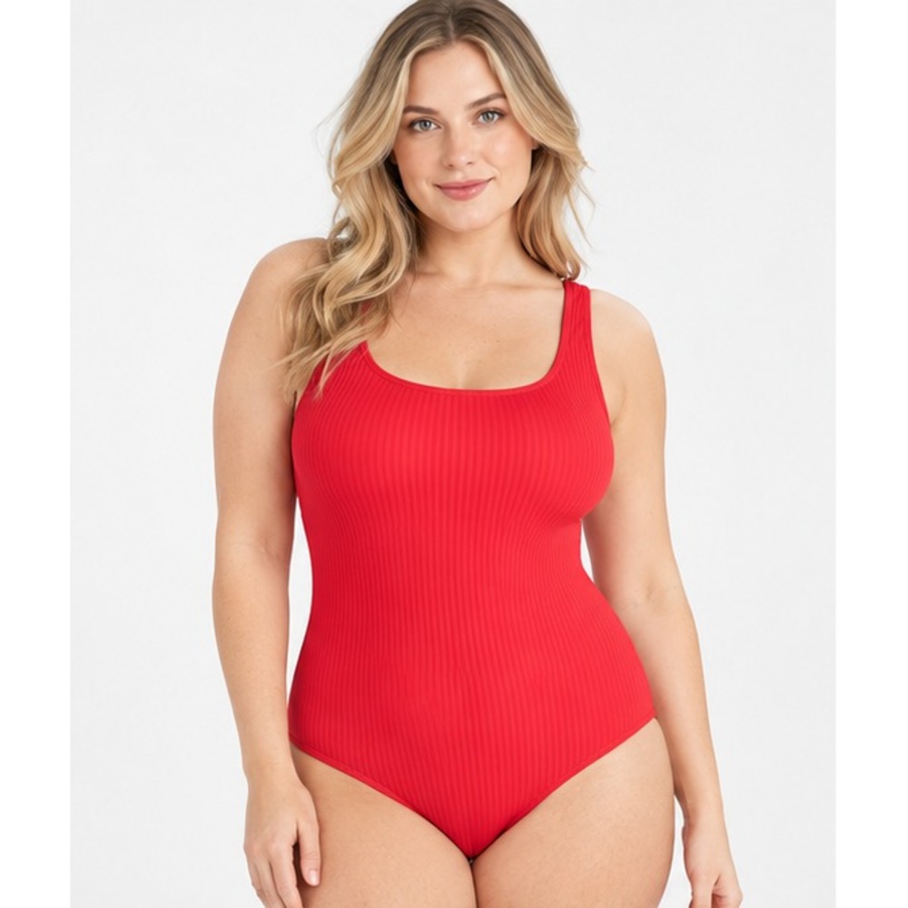 Time and Tru Womens Swimsuit Size L Red Crinkle One Piece Full Coverage Scoop